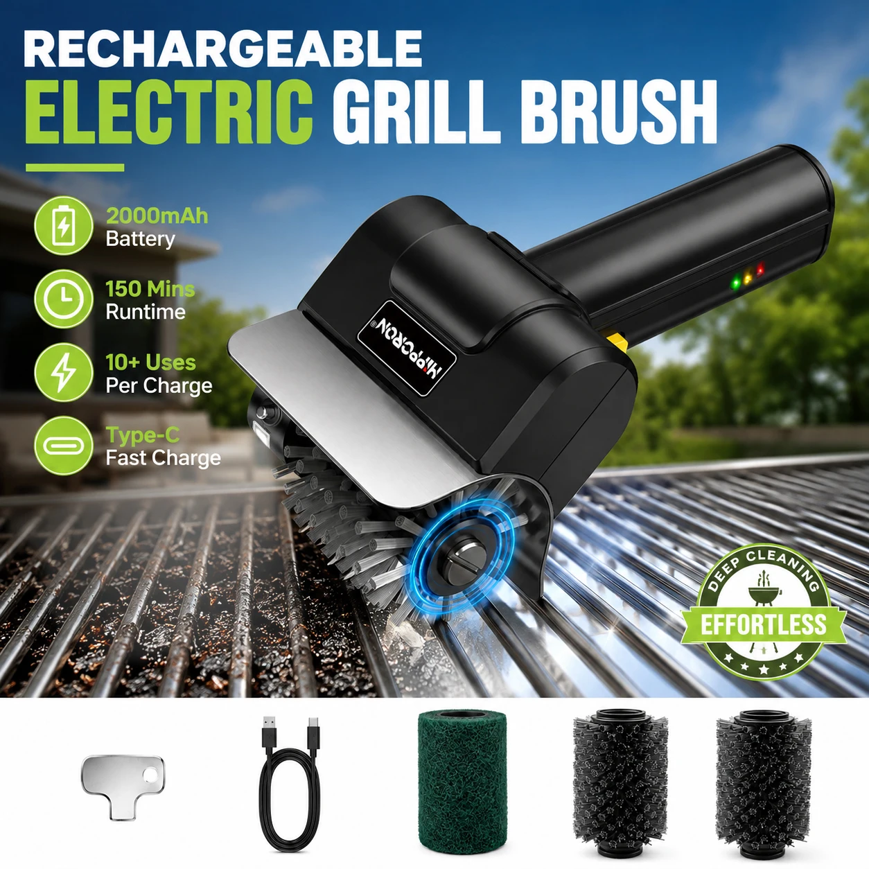 Hippcron 304 Stainless Steel Electric Grill Cleaning Brush, Rechargeable 1100 RPM with LED Light Ergonomic Non-Slip Handle