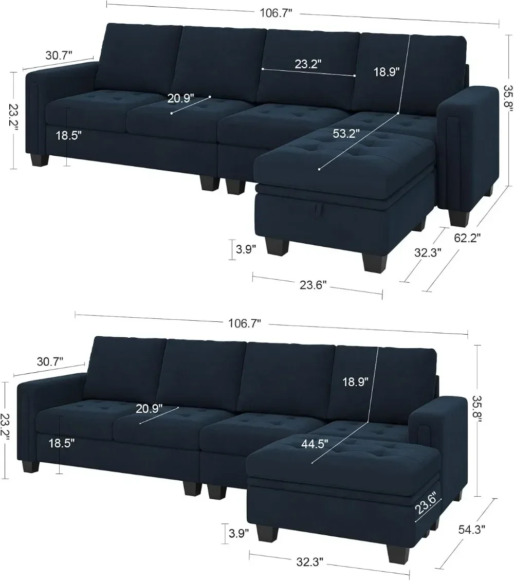 Velvet Reversible Sectional Sofa with Chaise Convertible L Shaped 4-seat Sectional Couch with Storage Ottoman Blue