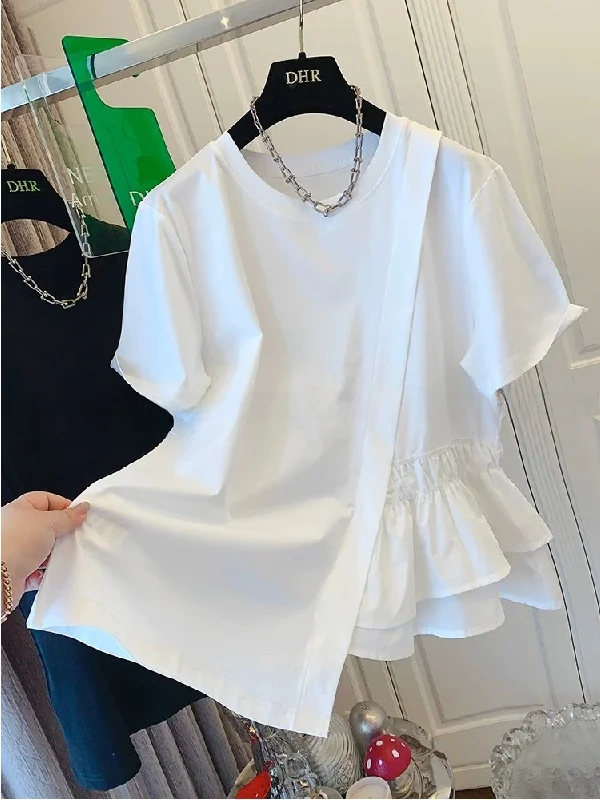 Loose Fit Pure Cotton Short Sleeve T-Shirt Women Summer Fashionable Casual Top Large Size 200 Pounds Asymmetrical Layering