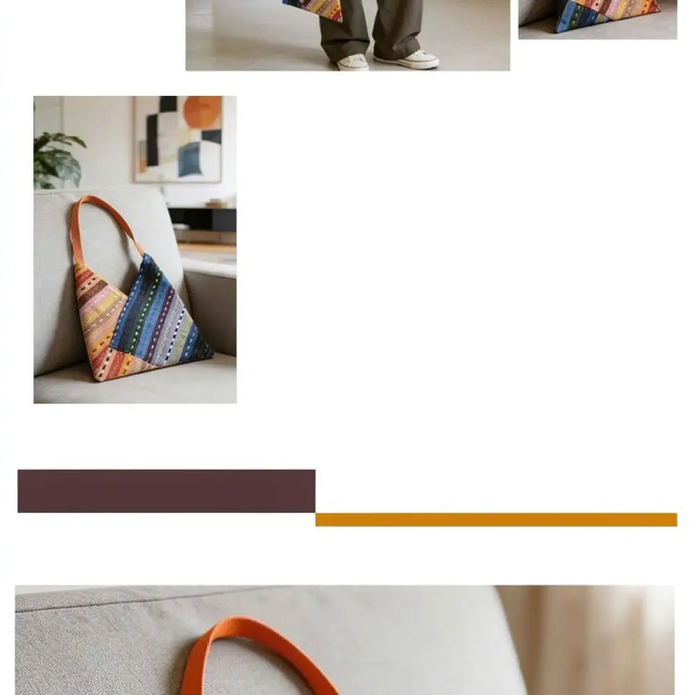 Boho Ethnic Patchwork Triangle Shoulder Bag Handmade Textile Tote Stylish Casual Commuter Practical Purse