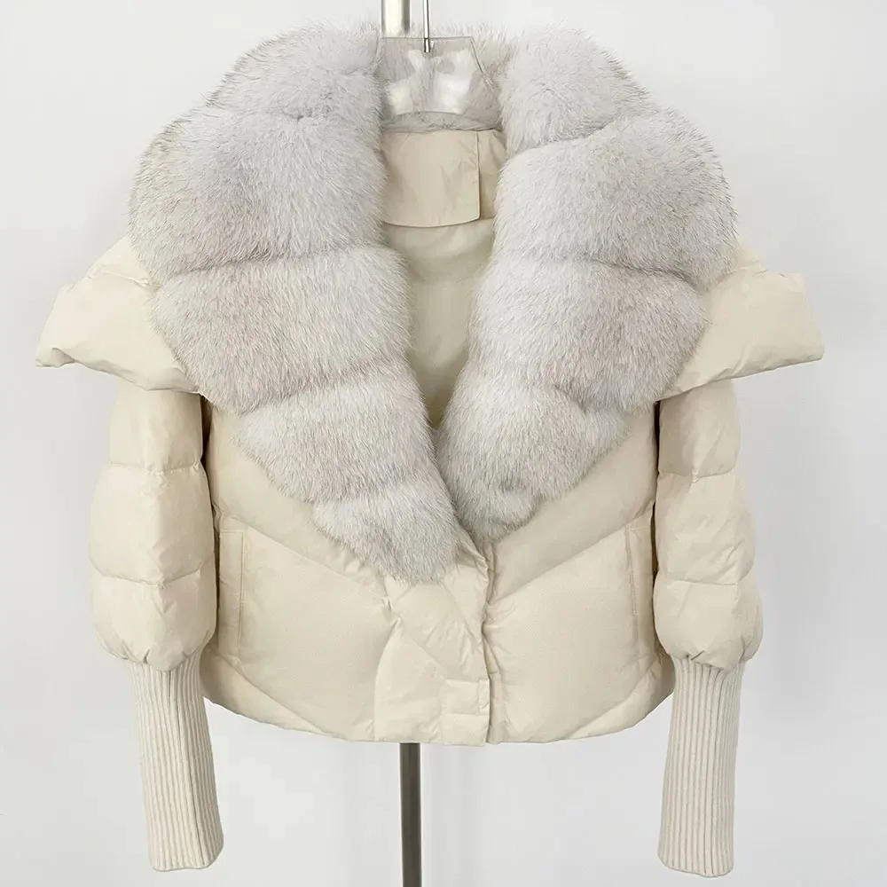 الموضة الحقيقية الطبيعية الثعلب الفراء طوق سترة منفوخة شتاء دافئ الأبيض بطة أسفل معطف المرأة سميكة ملابس خارجية غير رسمية قصيرة الفراء سترة #3
