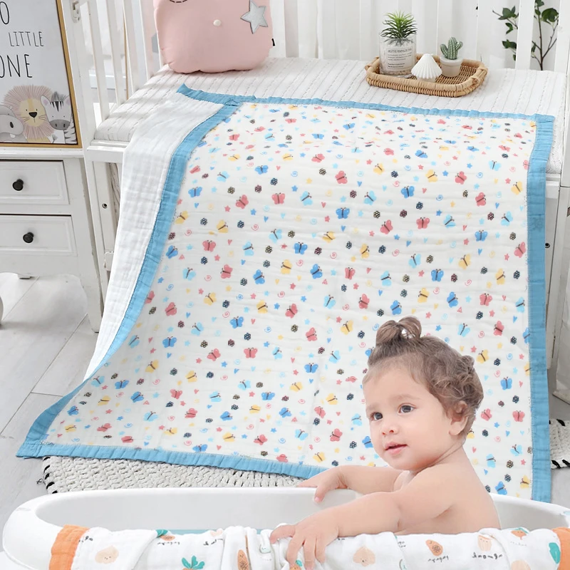 Baby blanket thickened 110X100cm pure cotton 6-layer newborn bath towel wrap blanket swaddle soft printed children\'s blanket