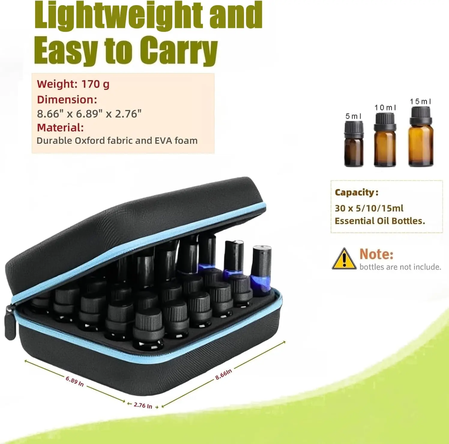 Portable essential oil storage case—holds 30 bottles (5ML-15ML) of essential oils, insulin/peptide vials, or alcohol ink bottles; made of hard-shell EVA material, it is also suitable for storing nail polish.