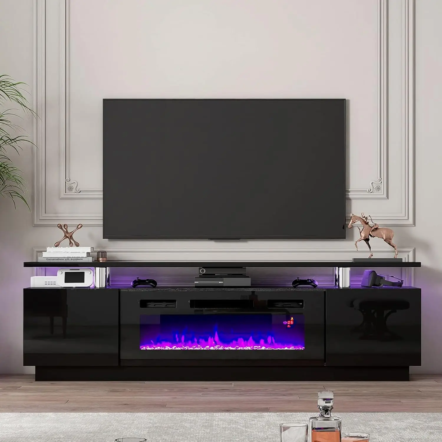 

Modern Fireplace TV Stand with 36" Electric Fireplace, High Gloss Finish Media Console with Open Storage