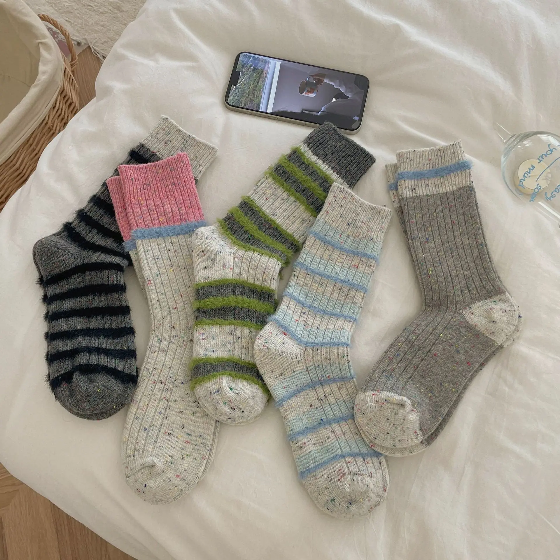 

Women's socks winter thick warm contrasting color water wool dotted yarn thick thread comfortable soft middle tube stacked socks