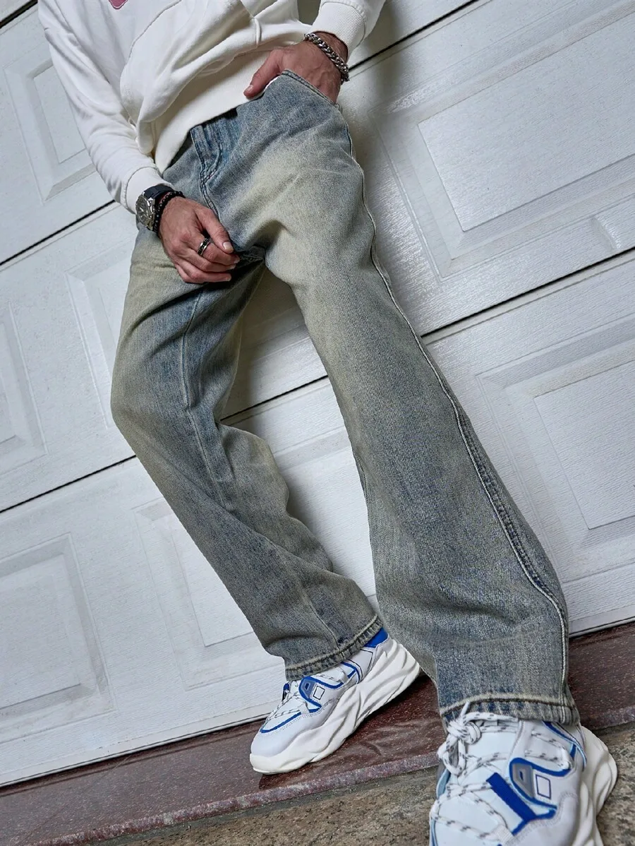 

Mens Light Washed Straight Leg Denim Jeans Distressed Casual Street Style Loose Fit For Daily Wear
