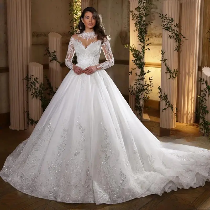 

Gorgeous Appliques Chapel Train Ball Gown Wedding Dress 2024 Classic High Neck Beading Long Sleeve Embroidery Vintage Brdal Gown