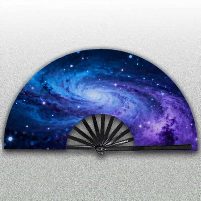 One Handheld Fan for Men Featuring a Design Inspired by The Cosmic Spiral Galaxy. This Portable Cooling Device Is Perfect for Stage Performances, Parties, Cosplay Events, And Clubs, Showcasing a Euro-American Style with a Striking Shine