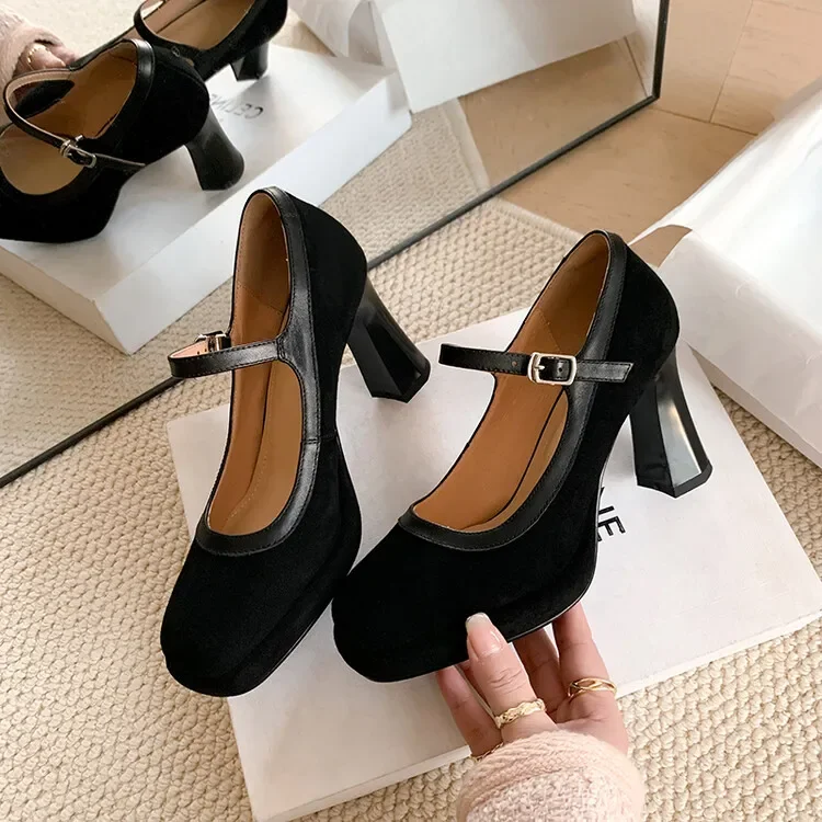 British Style Leather Custom Suede High Heels Retro Square Head Thick Heel One-Word Buckle Women's High-Heeled Single Shoes