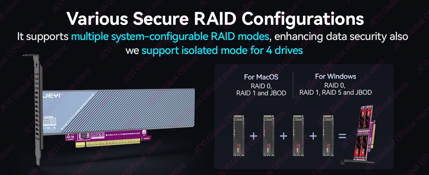JEYI 4-in-1 PCIe 5.0 X16 zu M.2 NVMe Erweiterungskarte 512Gbps 4-Slot NVMe RAID-Karte mit PCIe 5.0 Unterstützung und Aluminiumgehäuse Cool – Detail 7