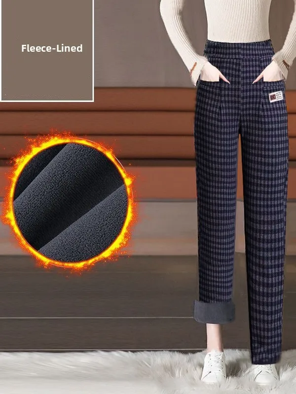 トレンディな格子柄ルーズハーランパンツ、裏地付き、カジュアルストレートレッグパンツ、スリムマムジーンズ、ハイウエスト、伸縮性ウエストバンド
