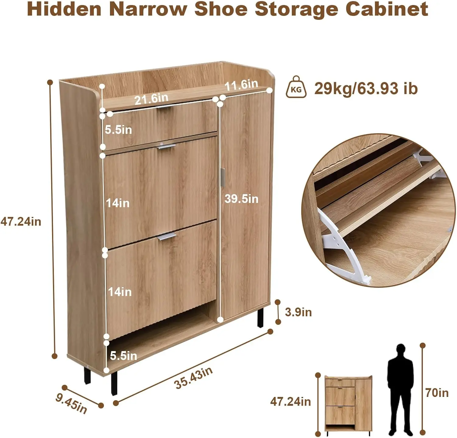 Lemari Penyimpanan Sepatu Pengatur Sepatu dengan 2 Laci Lipat Kabinet Rak Sepatu Sempit Berdiri Bebas untuk Pintu Masuk Lorong Ruang Tamu