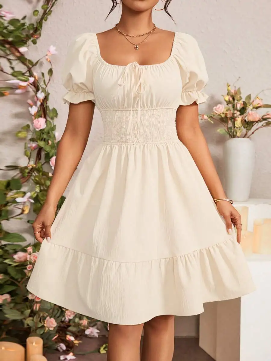 

Summer Casual Solid Color Puff Sleeve Fitted Waist Dress