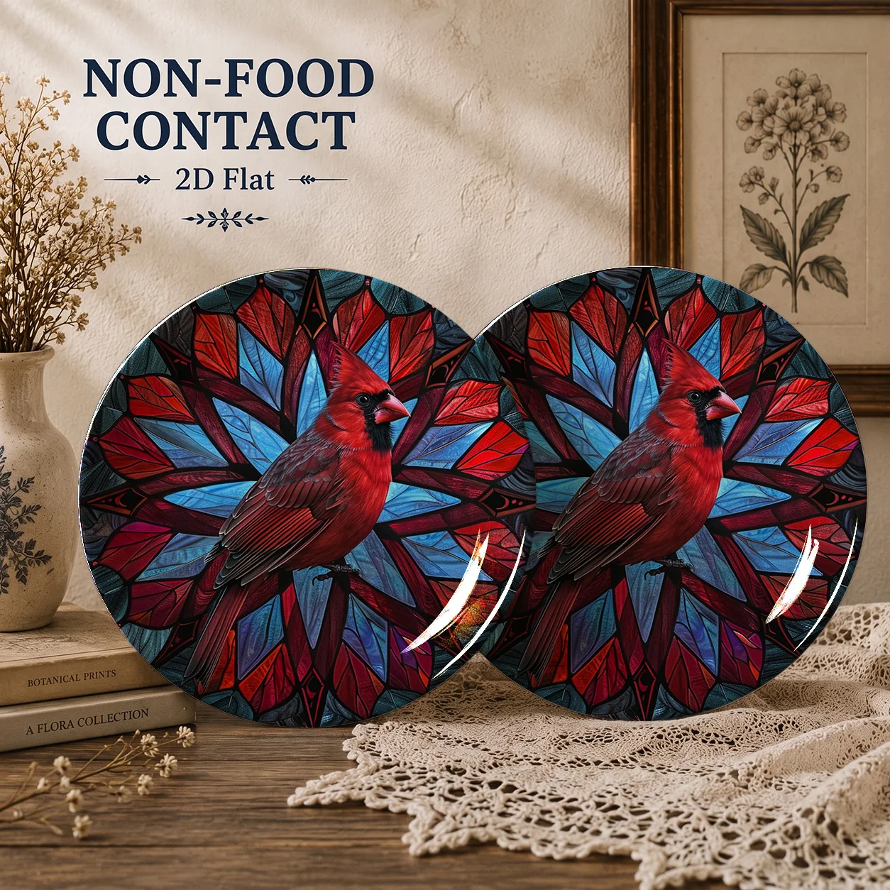 Northern Cardinal Stained Glass Decorative Ceramic Plate, Round Display Plate for Wall Shelf Home Decor Gift, Bird Lover, 8 Inch