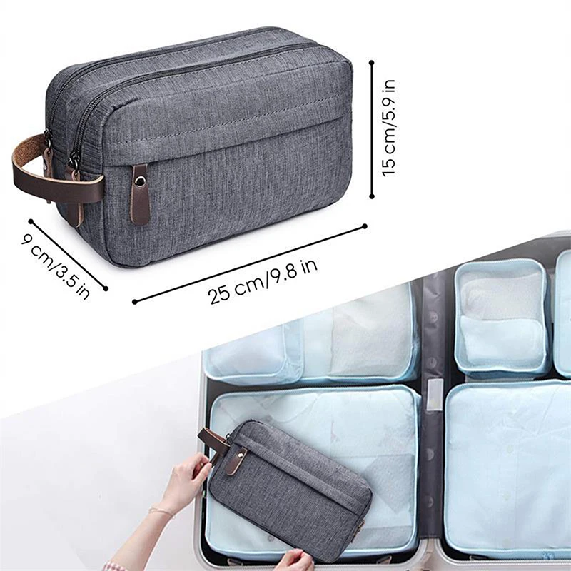 Bolsa de cosméticos de lona informal con asa de cuero, organizador impermeable de viaje para hombres, mujeres, lavado, afeitado, almacenamiento de artículos de tocador