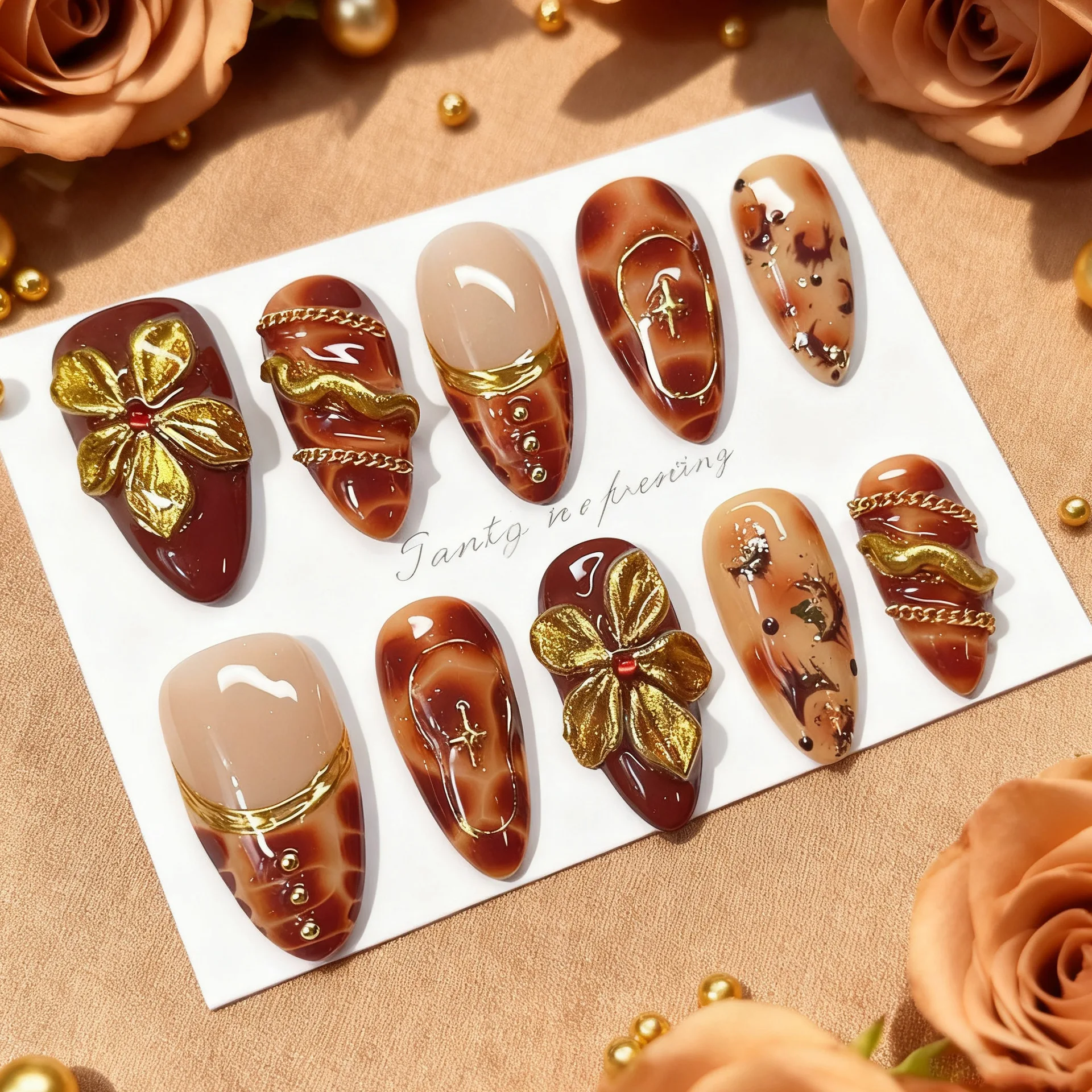 24pcs Flower False Nails Brown Leopard Print Press on Nails Tip Gilded Design Short Almond Fake Nail Set French Full Cover Nail