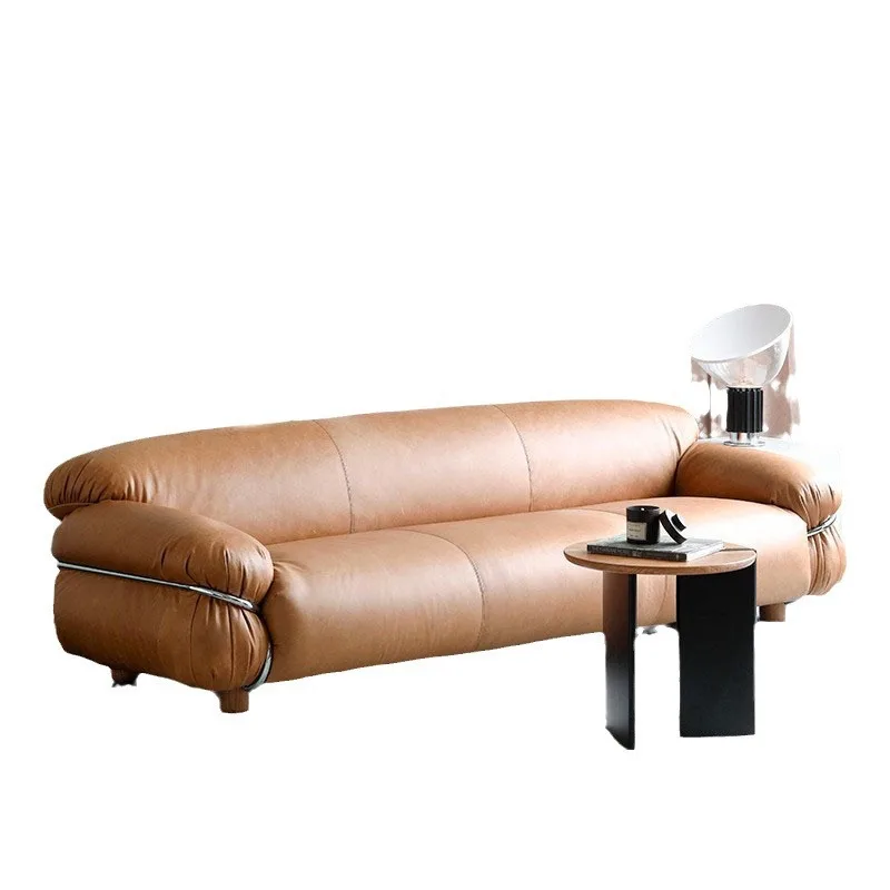 

Nordic first-layer cowhide French living room straight special-shaped retro sofa designer medieval oil wax leather sofa has