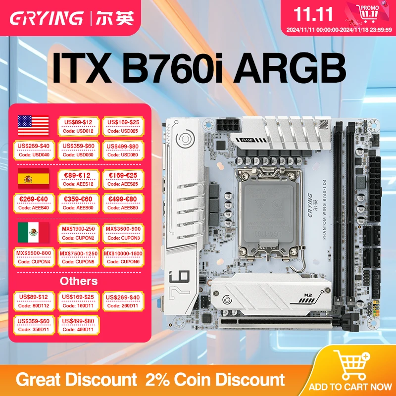 ERYING ITX B760i Gaming Motherboard ARGB LGA 1700 Support Core 12/13th i9/i7/i5/i3/Pentium Dual Channel DDR4 Memory White