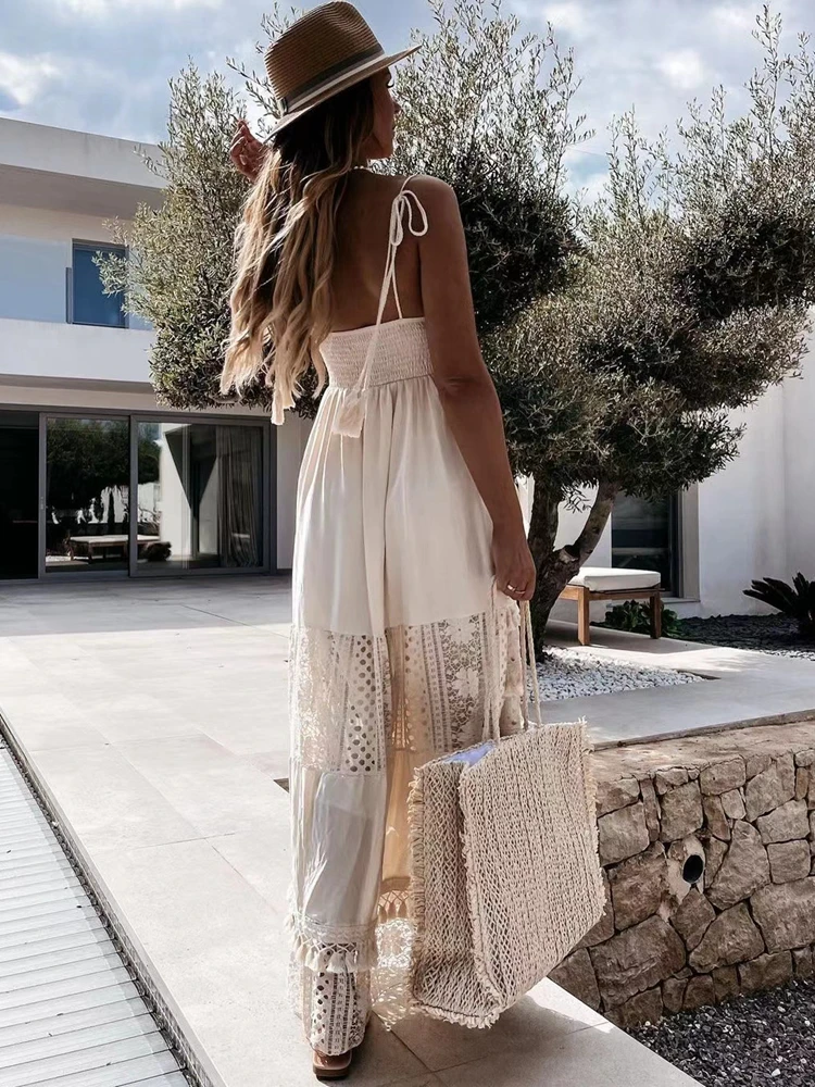 Sexy Lange Kleider für Frau Sommer Strand Stil Mode Boho Kleid Strap V-ausschnitt Spitze Backless Sommerkleid Damen Weiß Maxi kleid