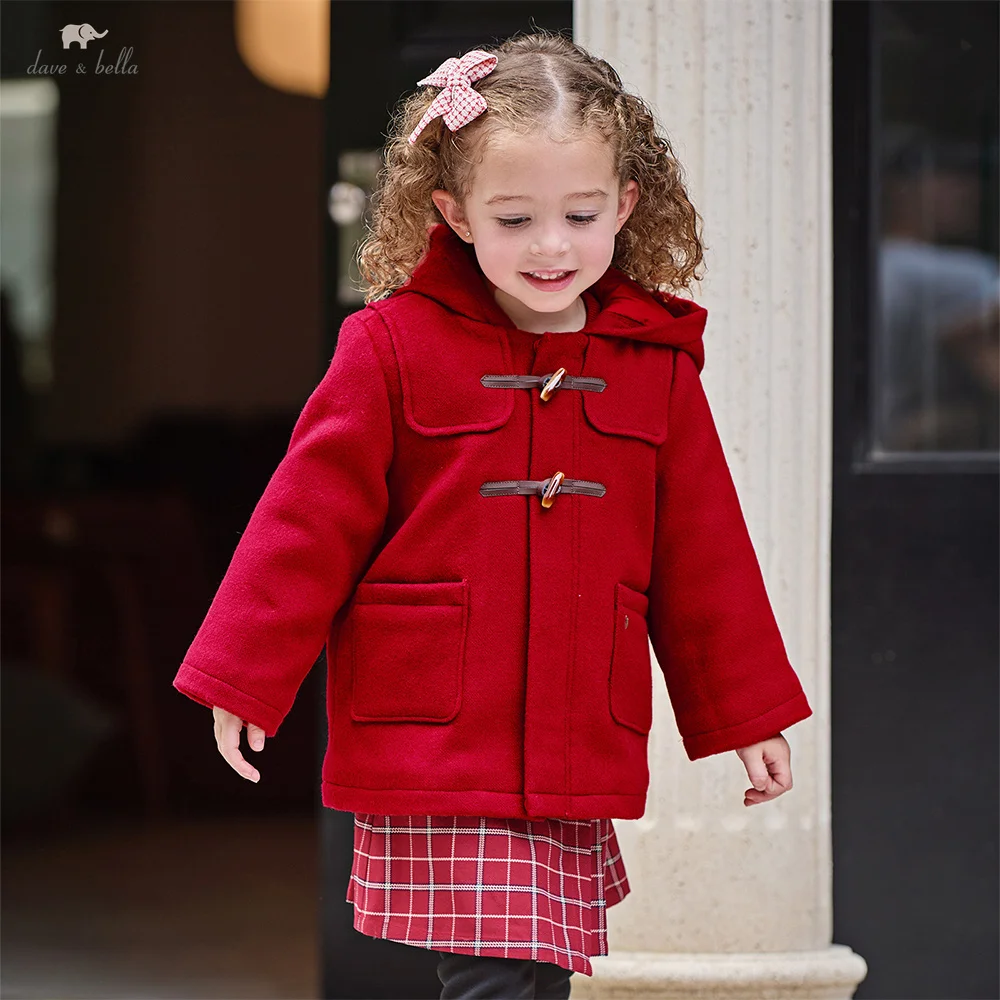 Dave Bella Girls Hooded Jacket Winter Autumn Warm Children Cotton Padded Coats Red Plush Thick Outerwear Kids Clothing DB4253803