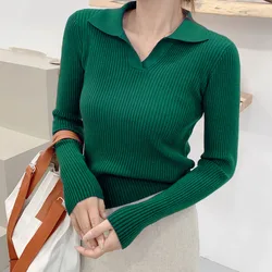 Crriflz Lapel Polo Neck Knitted Bottoming Top Women's Autumn Winter Solid Color Base All Match Causal Sweater For Fashion