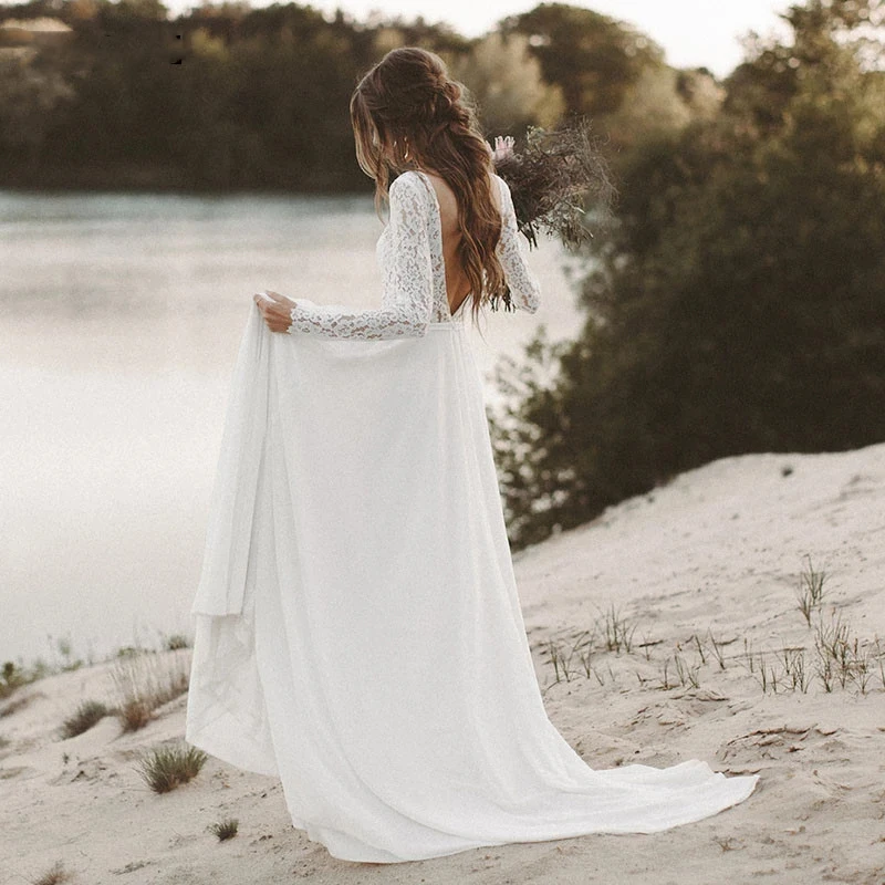 

Backless Beach Wedding Dresses Long Sleeve V-Neck Boho Bridal Gowns Elegant Chiffon Princess Wedding Dress Sweep Train