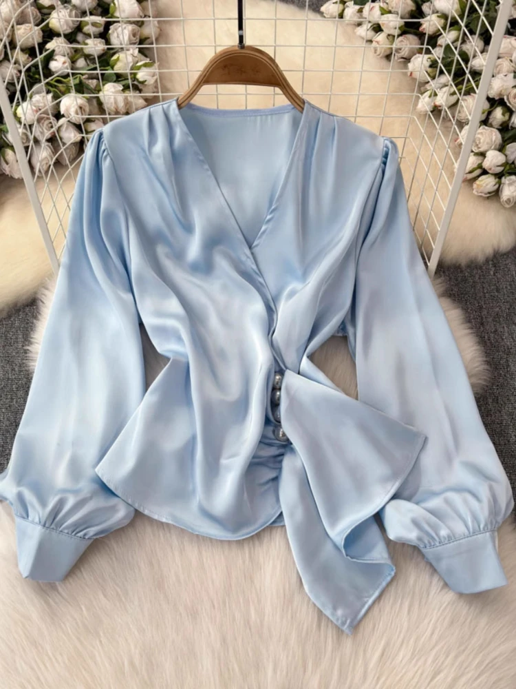 

Spring Autumn Tops V Neck Long Sleeve Solid Color Shirts Heavy Beading Pleated Design Blouses 2025 Female Slim Women's Clothing