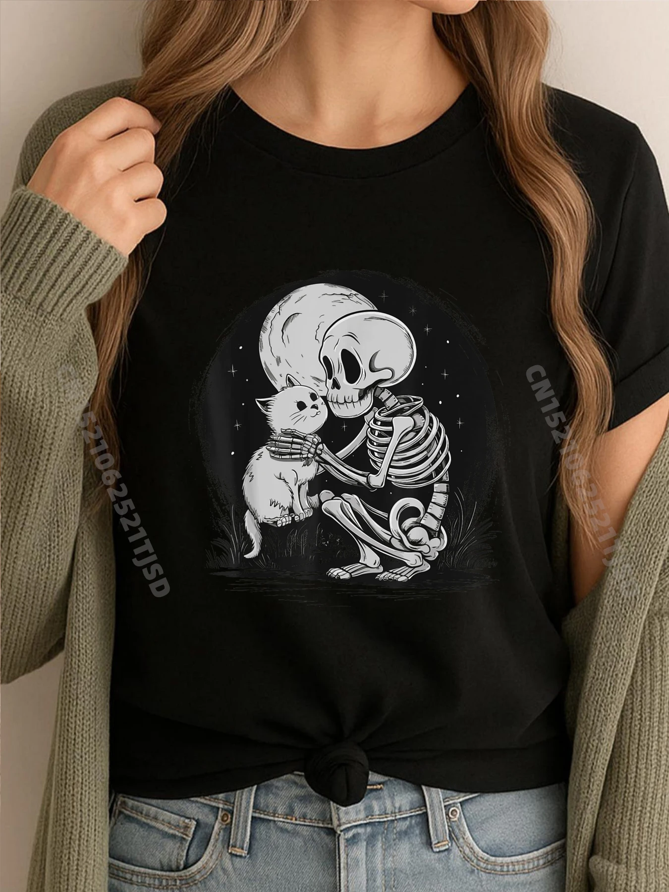 

Скелет, кошка, череп, котенок, милый готический костюм на Хэллоуин, дизайнерская одежда, женская молодежная дышащая футболка большого размера, женская Пасхальный день
