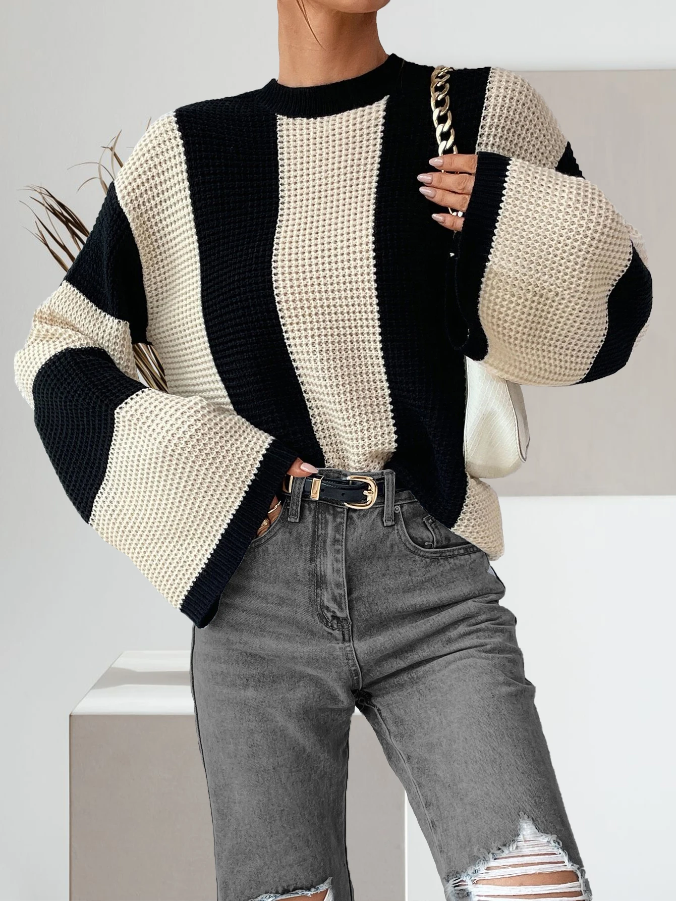 Women's Colorblock Drop Shoulder Knit Top, Casual Long Sleeve Round Neck Knitwear for Spring and Fall, Women's Knit Clothing