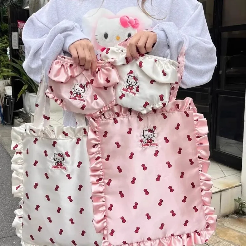 

New Sanrios Hellokitty Ruffled Sweet Shoulder Bag with Bow Full Print Cute Summer Girls Large Capacity Commuting Tote Bag Gifts