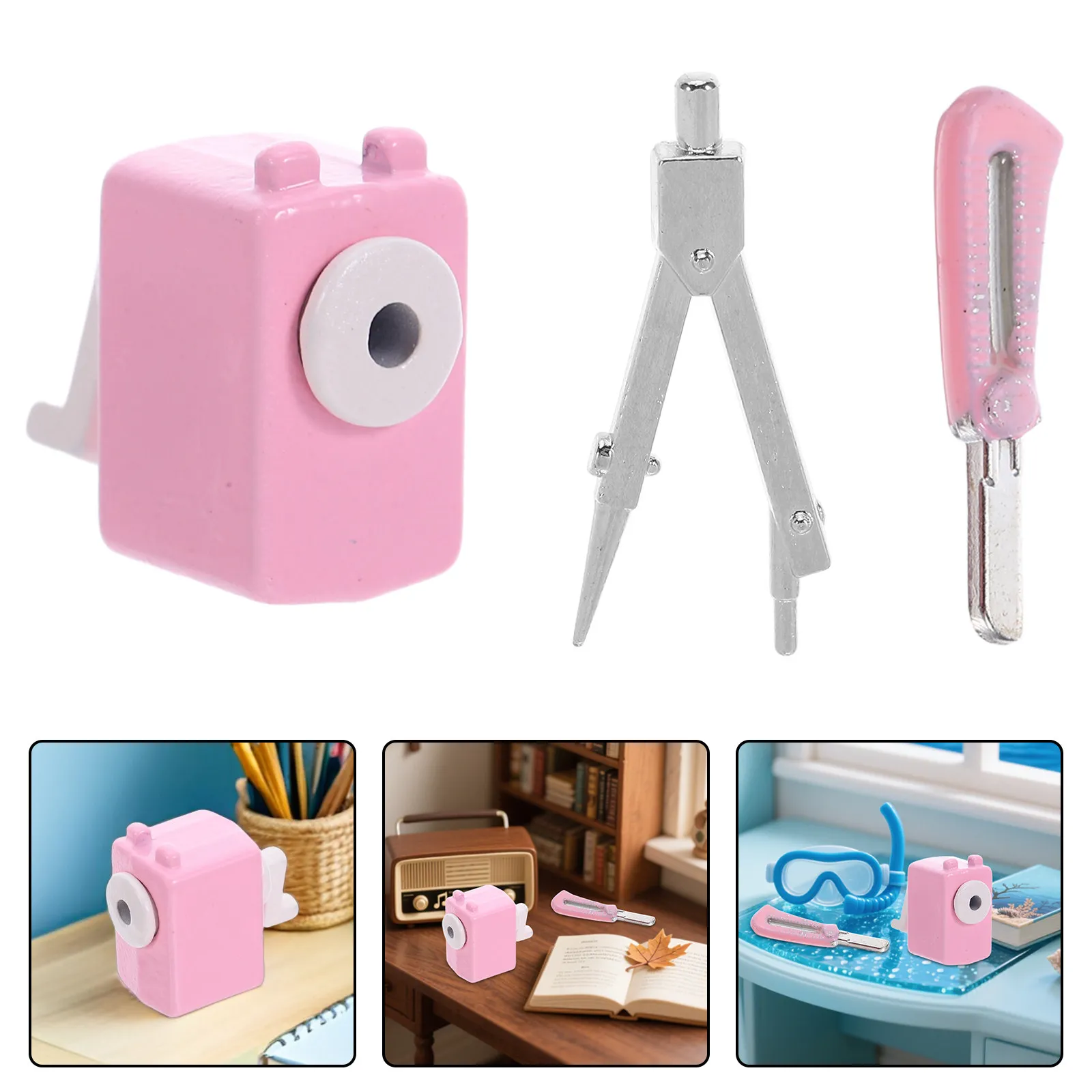 1Set Miniature Classroom Tools Retro Pencil Sharpener Compact Compass Simulated Cutter Ideal for Dollhouse Scene Decoration