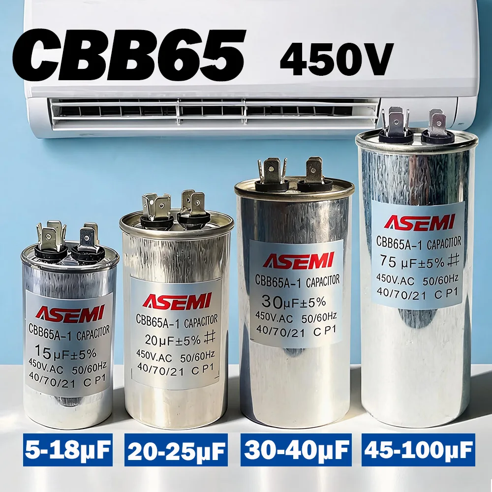 Condensador de Motor CBB65 de 100uF 450V AC, Condensador de Arranque para Compresor de Aire Acondicionado de 40uF, 45uF, 50uF, 60uF, 65uF, 70uF, 80uF, 90uF