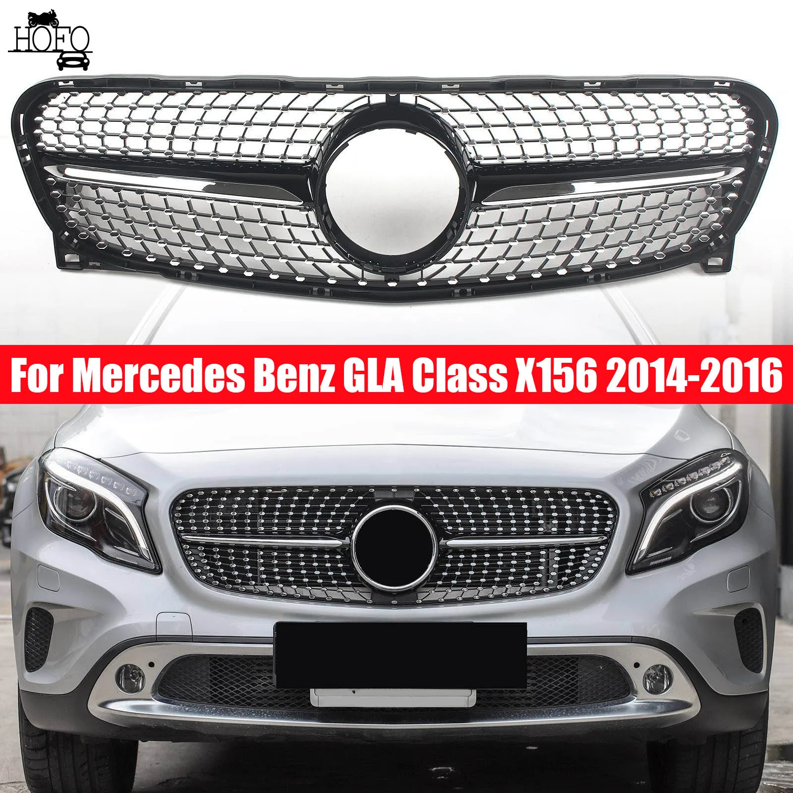 

Car Front Bumper Grille For Mercedes Benz GLA Class X156 2014-2016 Silver Black Diamonds Style Racing Grilles Body Kit Refit