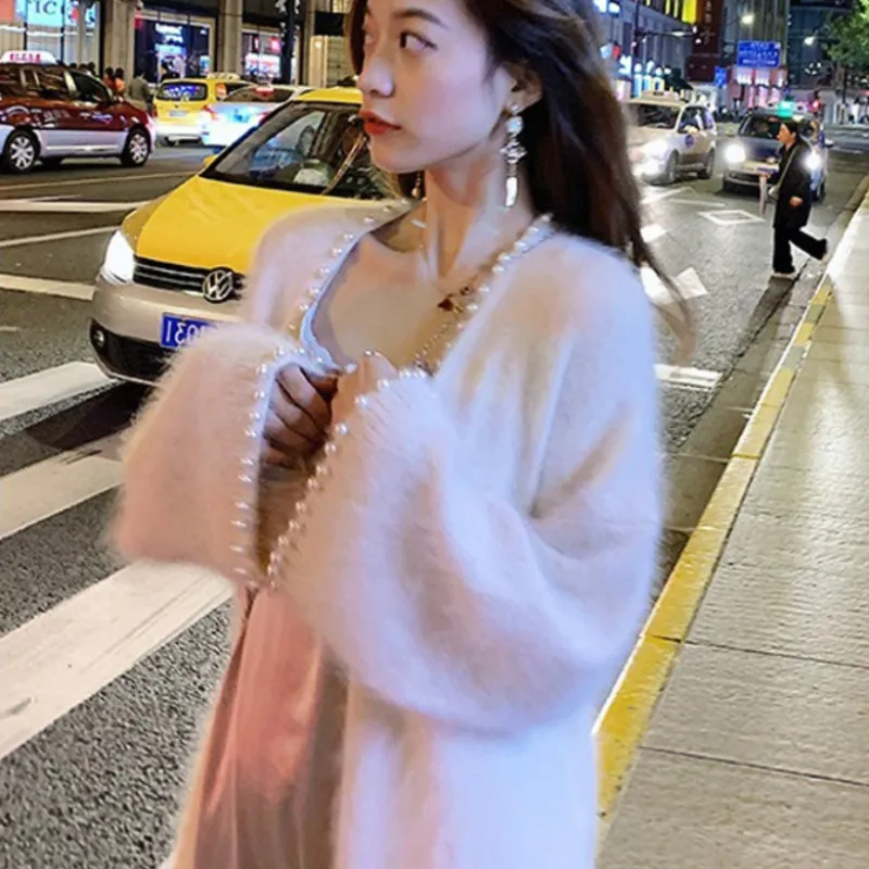 Soft Lady Mink Cashmere Sweater Coat Mohair Furry Knitted Cardigan Loose Beaded Trimmed with Pearls Jacket Tops Mujer Sueter