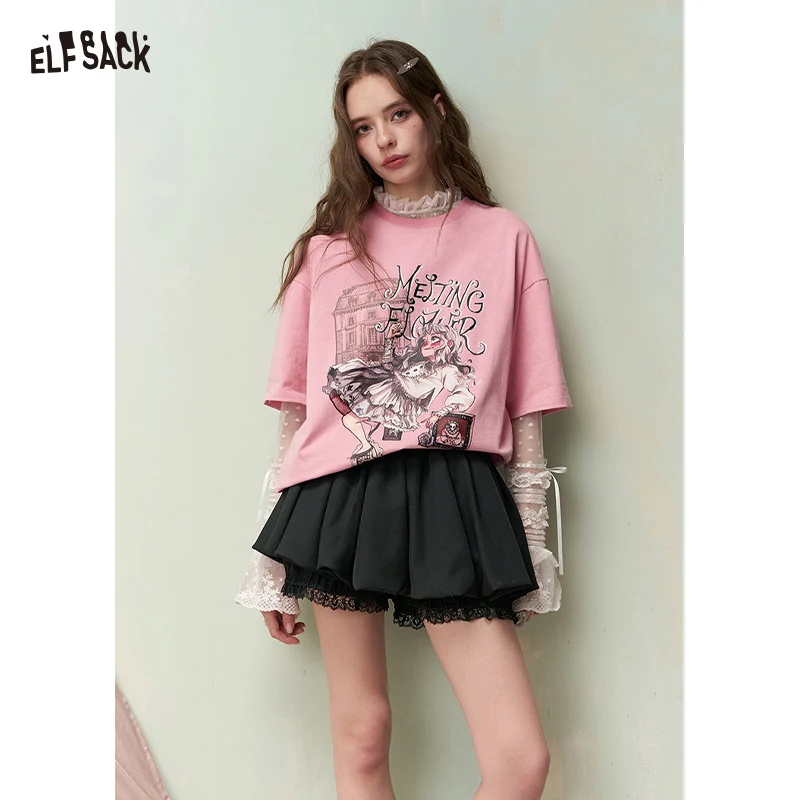 ELFSACK Cute Black Tulip Hem Skirt with Lace Insert, Sweet Mini Skirt for Women, Elegant Party & Daily Wear