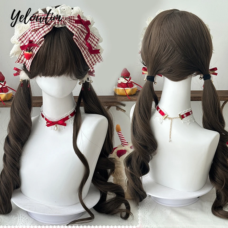 

Yelowtim Synthetic Long Curly Wavy Wig Black Pink Wig with Long Ponytail Lolita Cosplay Party Blonde Wig With Bangs for Women
