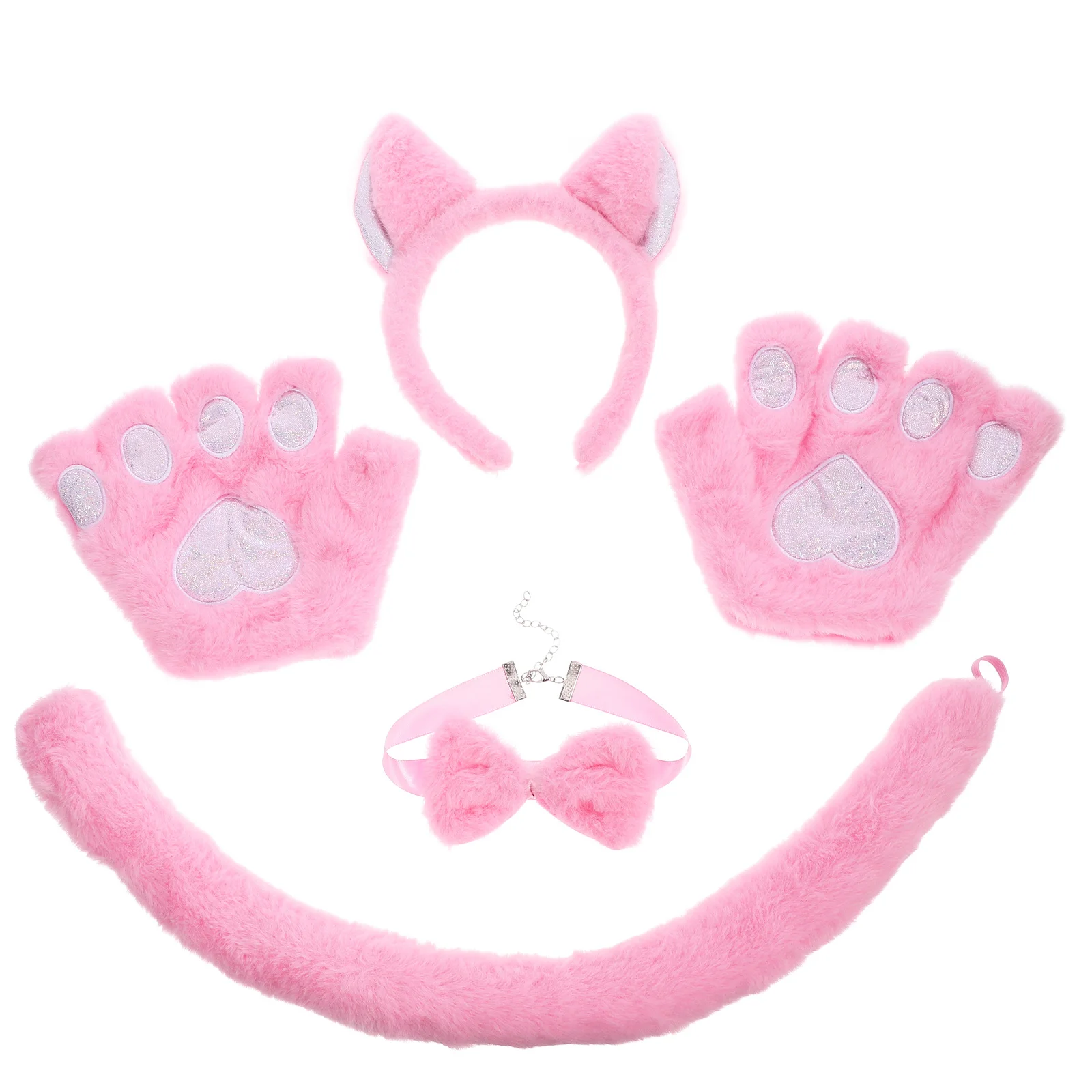 1세트 고양이 귀 머리띠 동물 의상 액세서리 부드러운 천 꼬리 나비넥타이 장갑 파티 코스프레 소품 키트 어린이 소녀 코스프레용