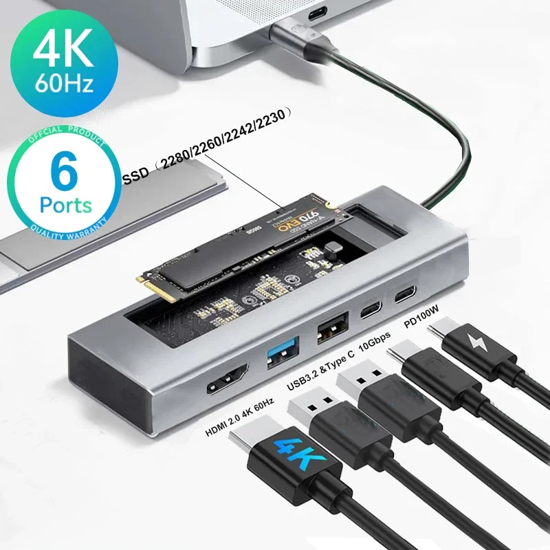 

6-in-1 USB Hub With Disk Storage Function USB3.2 Type-c to HDMI-compatible M.2 SSD Enclosure Support Hard Disk