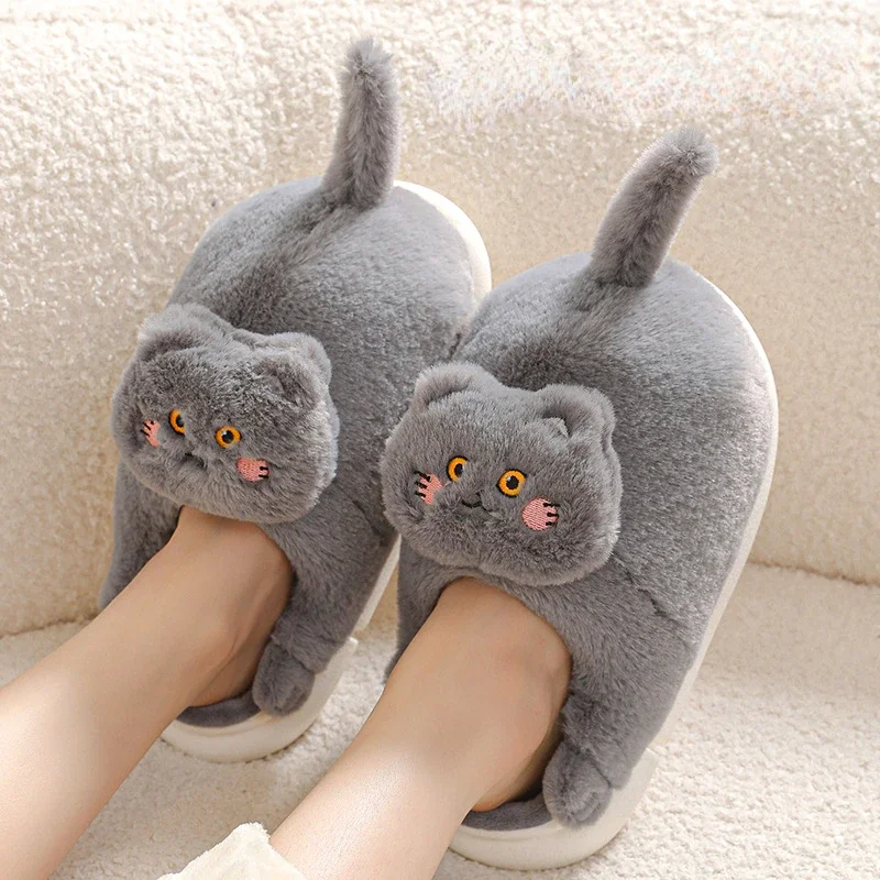 Cat Slippers Women Men Winter Home Slides Kawaii Floor Shoes Furry Slippers Girl White Mules Funny Cute Gift Slippers 2024