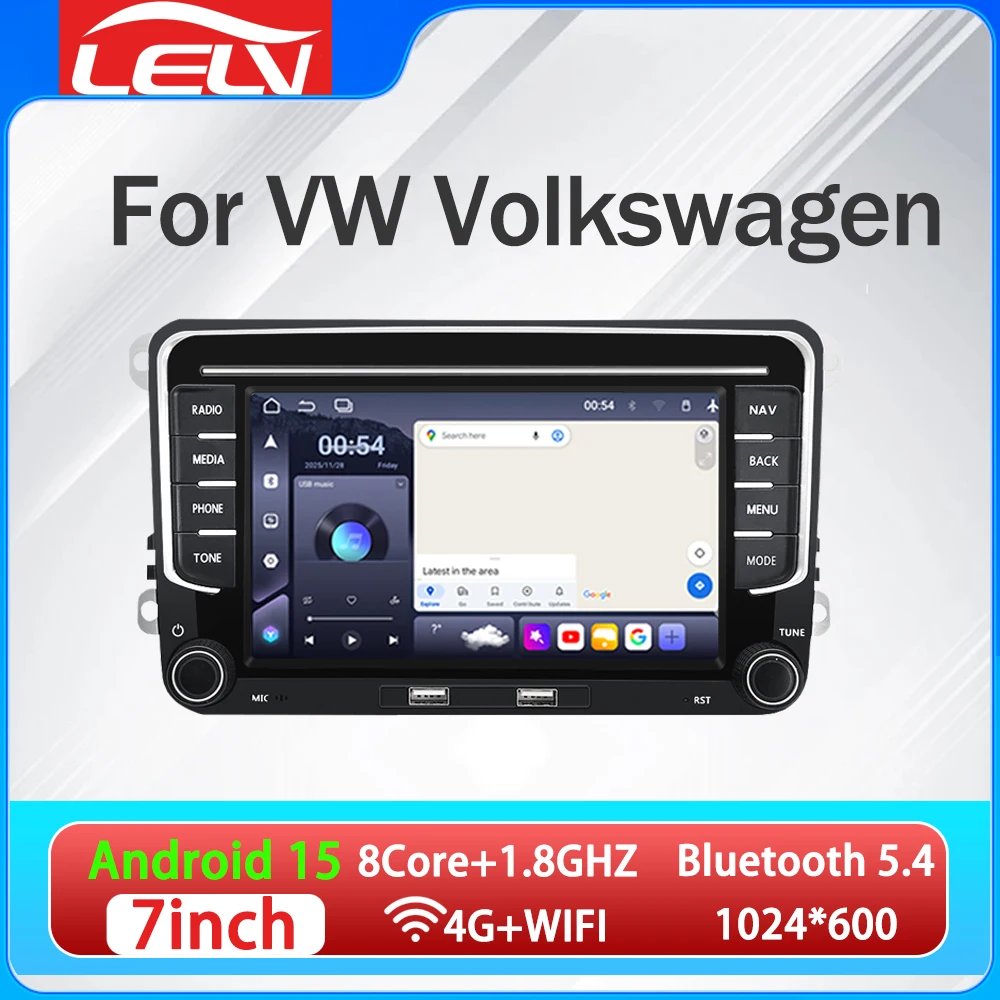 Reproductor Multimedia para Auto LELV de 7 Pulgadas para VW Volkswagen Golf 5 6/Polo 6R con Android Auto, CarPlay, BT5.4, GPS, 2 USB, Unidad Principal, 12G+256G