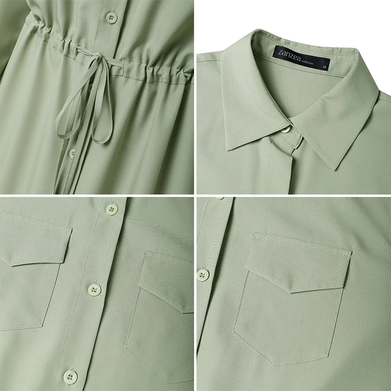 ZANZEA 여성 롱 셔츠 드레스 가을 봄 긴 소매 드로스트링 하이 웨이스트 미디 드레스 라펠 패션 캐주얼 솔리드 파티 로브