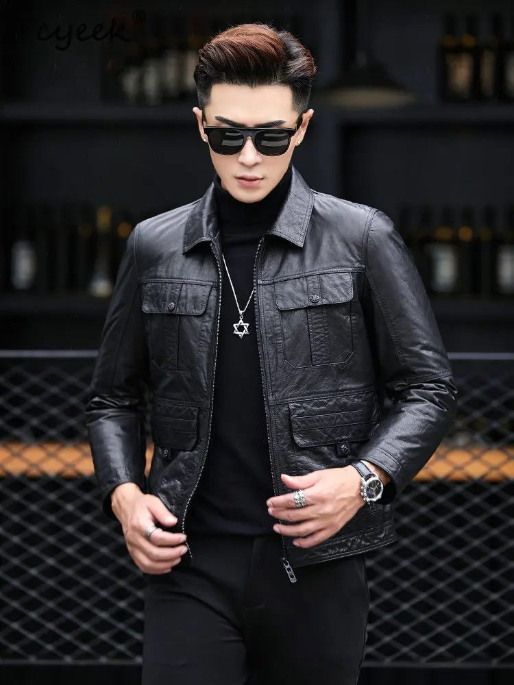 Tcyeek Real Leather Jacket Men White Duck Down Liner Detachable Winter Clothes 100% Cowhide Mens Coats Lamb Wool Collar Trendy