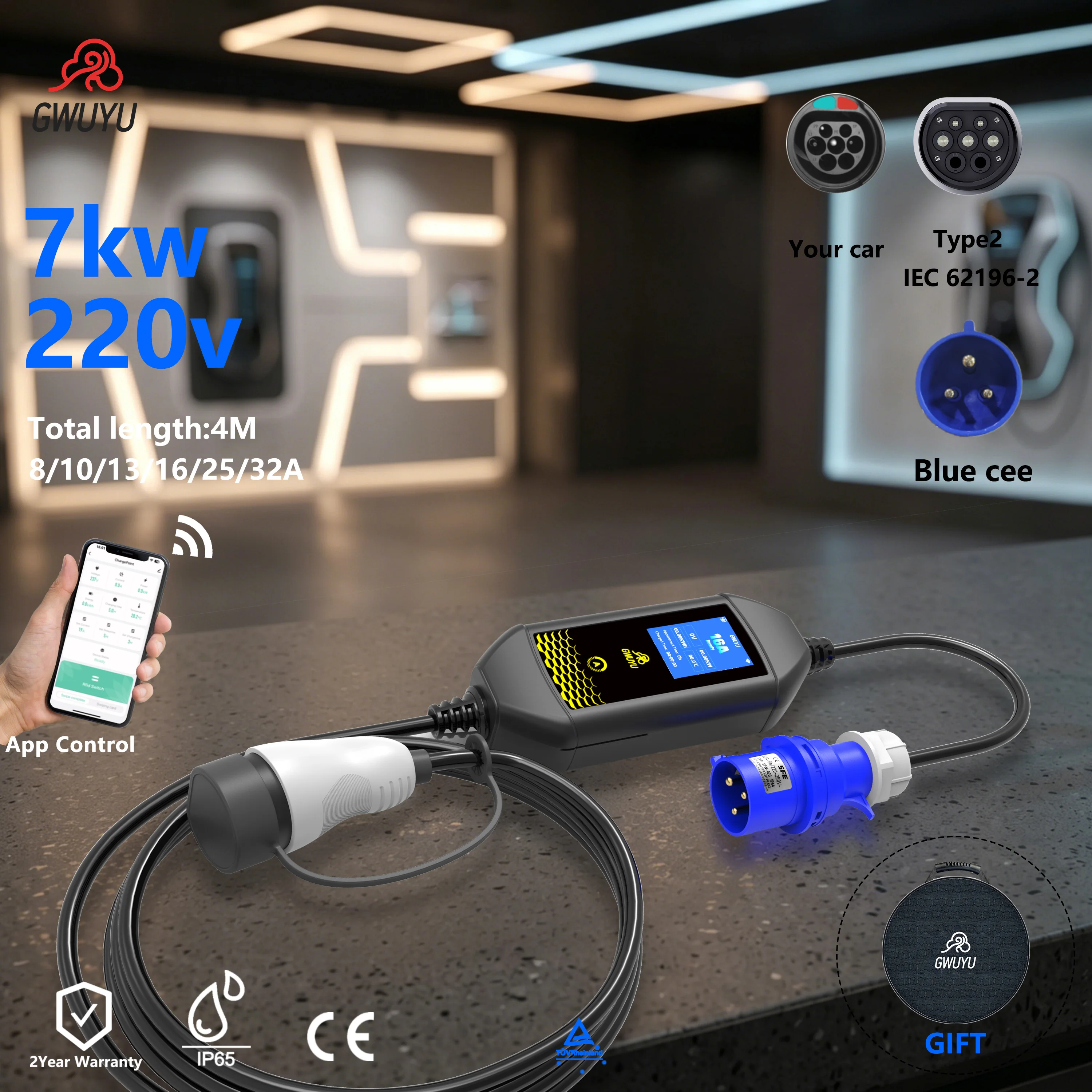 GWUYU7KW Caricatore EV Portatile 32A Tipo 2 IP65 con Schermo da 2,8 Pollici, Pulsante Regolabile, Wallbox con Controllo APP, Stazione di Ricarica per Auto Elettriche