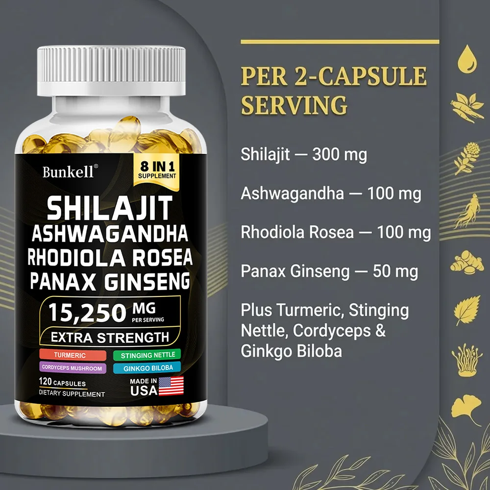 8-in-1 Shilajit Ginseng Ashwagandha Rhodiola Rosea Turmeric Ginkgo Biloba,Stinging Nettle,Cordyceps Mushroom for Full Body Power