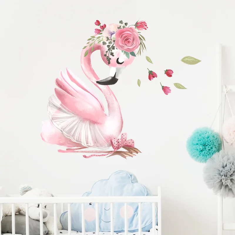 Cartoon pink swan flower girl bedroom porch commercial wall beautification decorative wall stickers wall decoration wallstickers