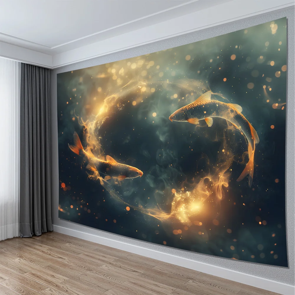 Koi Fish Cosmic Swirl Tapestry 2D Digital Print Polyester Wall Hanging Living Room Bedroom Office Studio Decor with Hooks