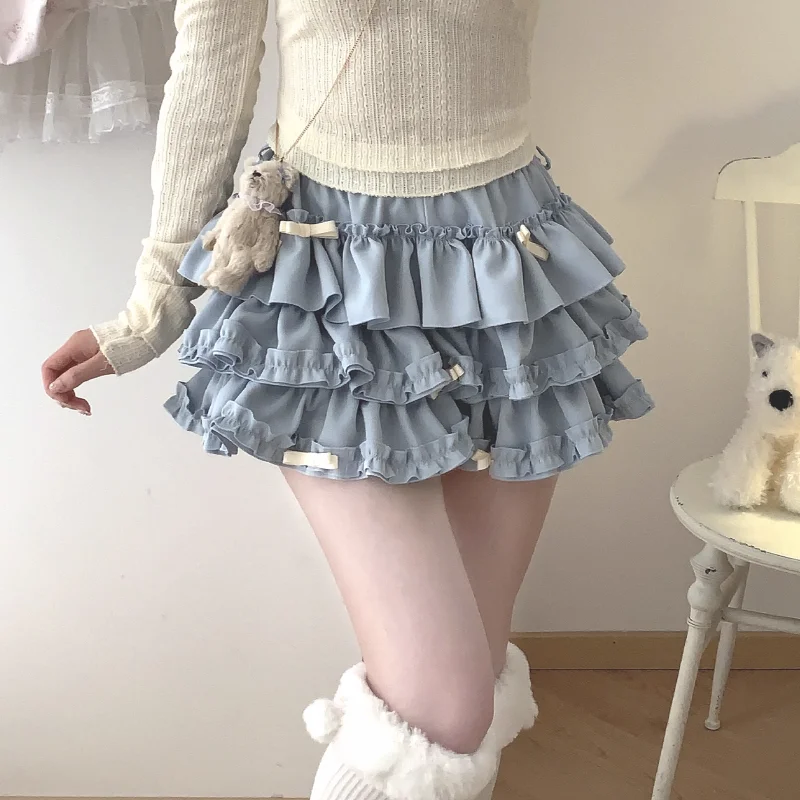Y2K-minifalda con volantes para mujer, faldas acampanadas con lazo Kawaii de Lolita, falda de pastel rosa y azul de cintura alta japonesa Harajuku