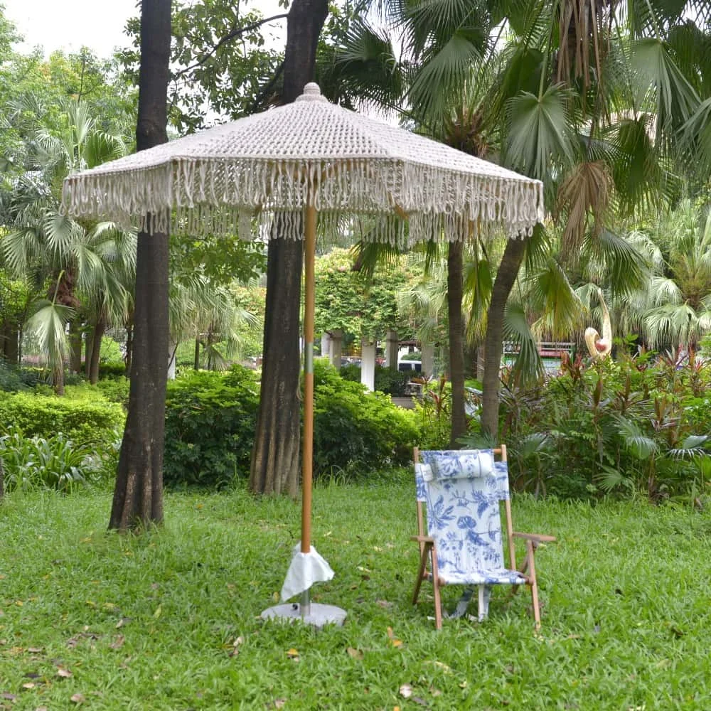 W stylu bohema z bawełny sznur makrama parasole 25m drewniany kijek ręcznie robione frędzle parasol plażowy