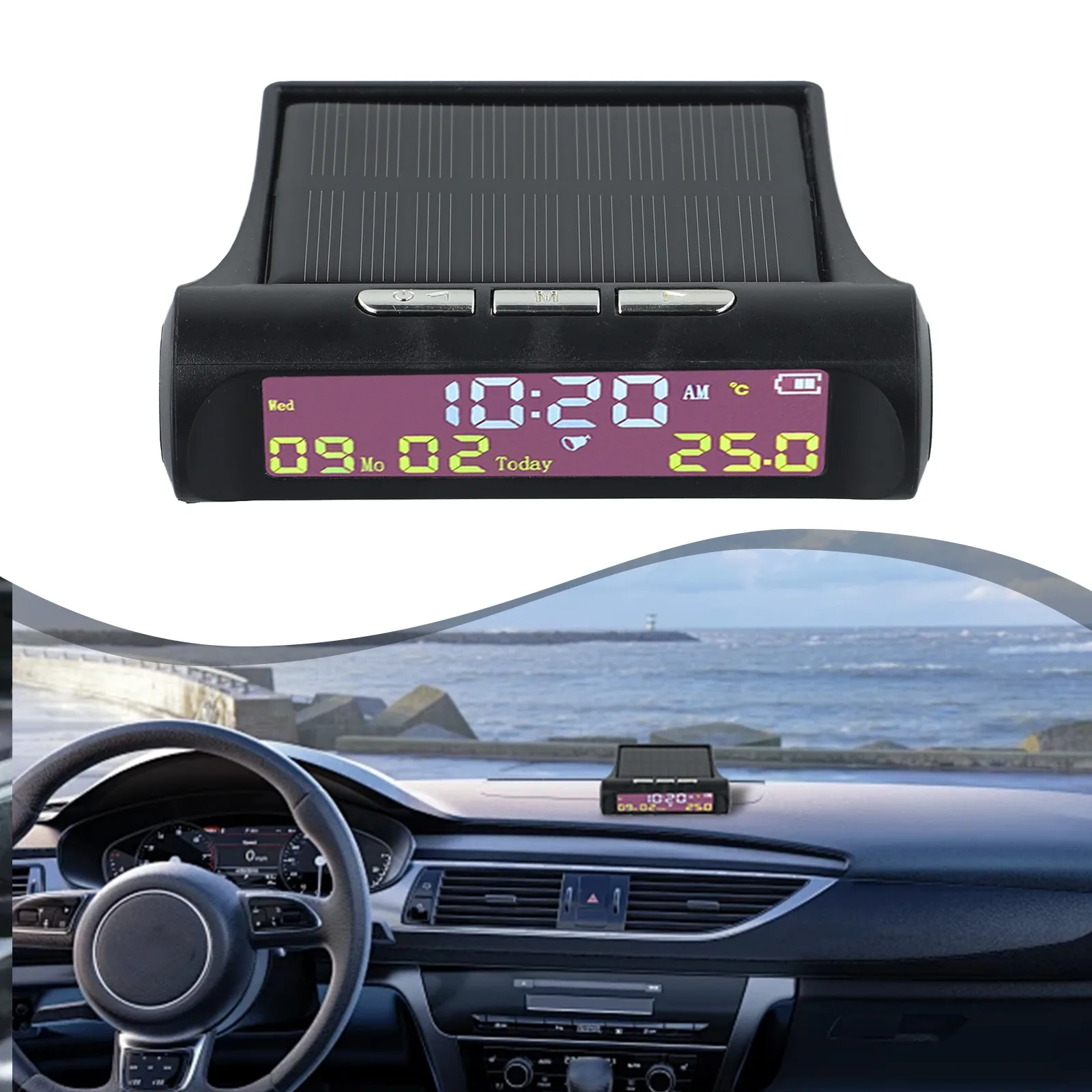 AN01 TPMS Look High-efficiency Solar Car Digital Clock With Date In-Car Temperature Display High Precision LCD