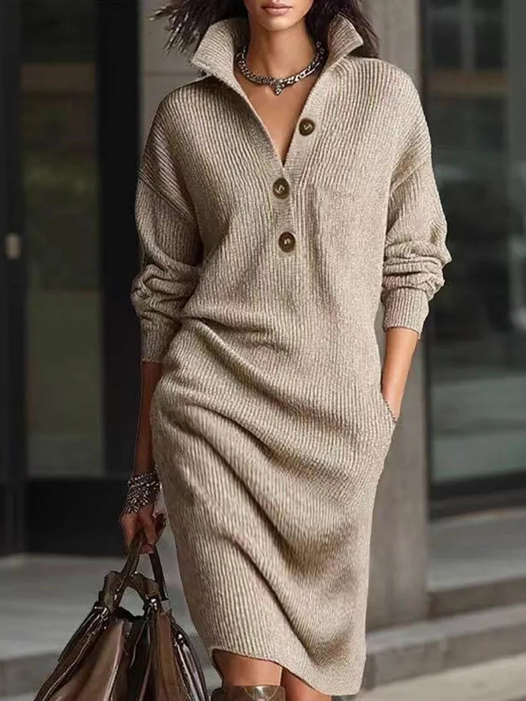 Vestido elegante de punto con botones y cuello de solapa, vestido informal de manga larga acanalado liso por debajo de la rodilla, vestidos de suéter drapeados a la moda para Otoño e Invierno